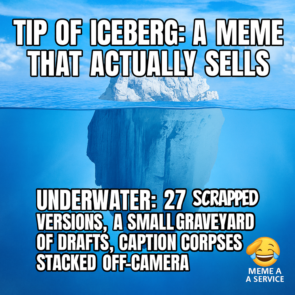 Tip of iceberg: a meme that actually sells / Underwater: 27 scrapped versions, a small graveyard of drafts, caption corpses stacked off-camera