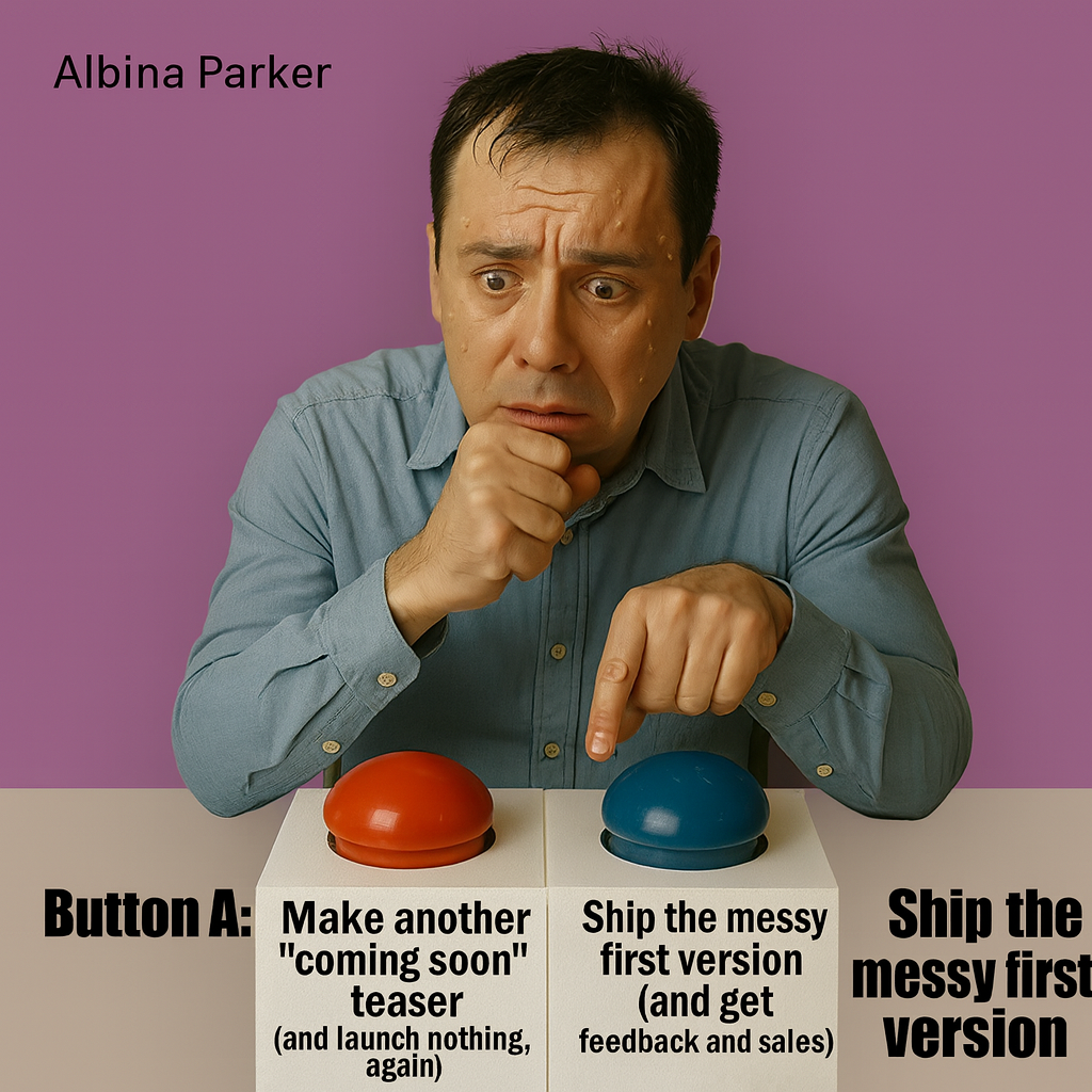 Button A: "Make another “coming soon” teaser (and launch nothing, again)" Button B: "Ship the messy first version (and get feedback and sales)"