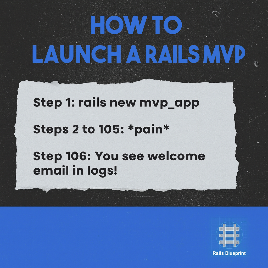 How to LAUNCH A RAILS MVP

Step 1: rails new mvp_app

Steps 2 to 105: *pain*

Step 106: You see welcome email in logs!