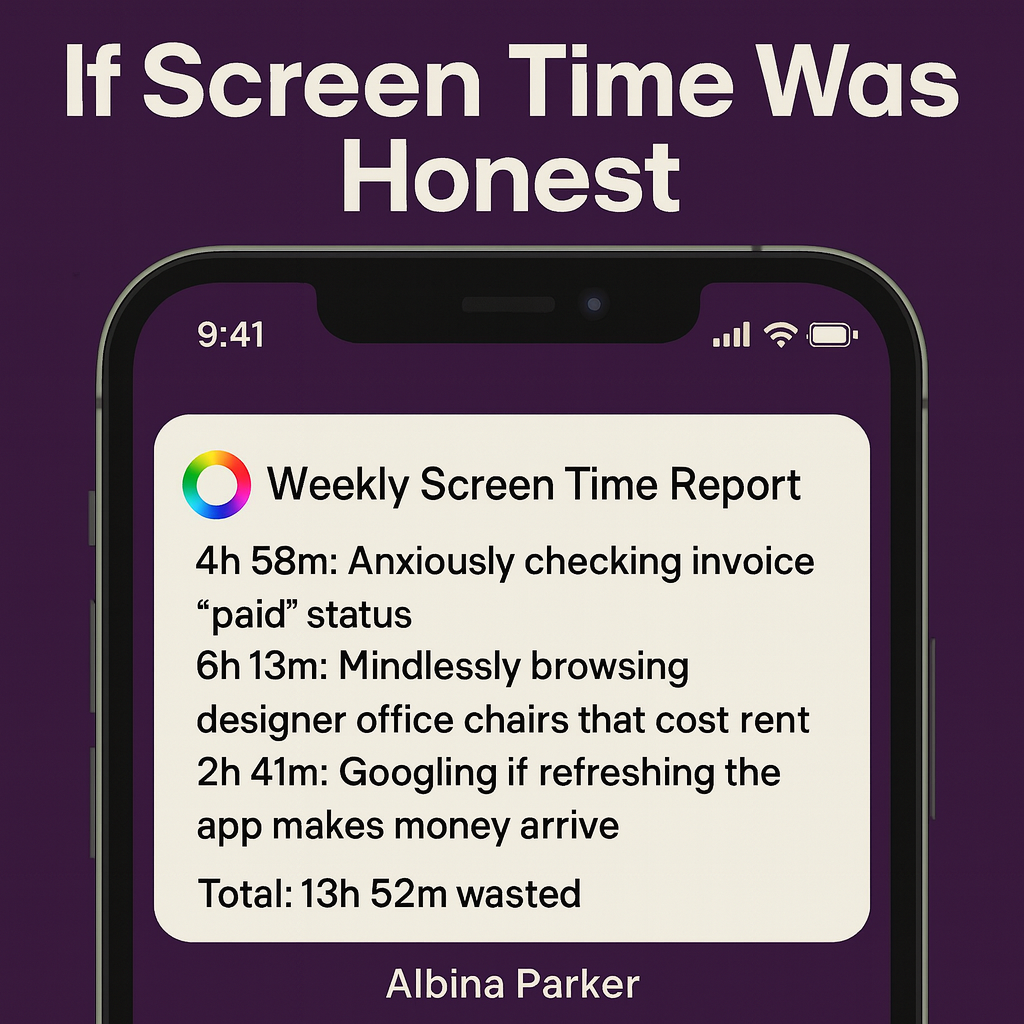 If Screen Time Was Honest
Weekly Screen Time Report
4h 58m: Anxiously checking invoice 'paid' status
6h 13m: Mindlessly browsing designer office chairs that cost rent
2h 41m: Googling if refreshing the app makes money arrive
Total: 13h 52m wasted