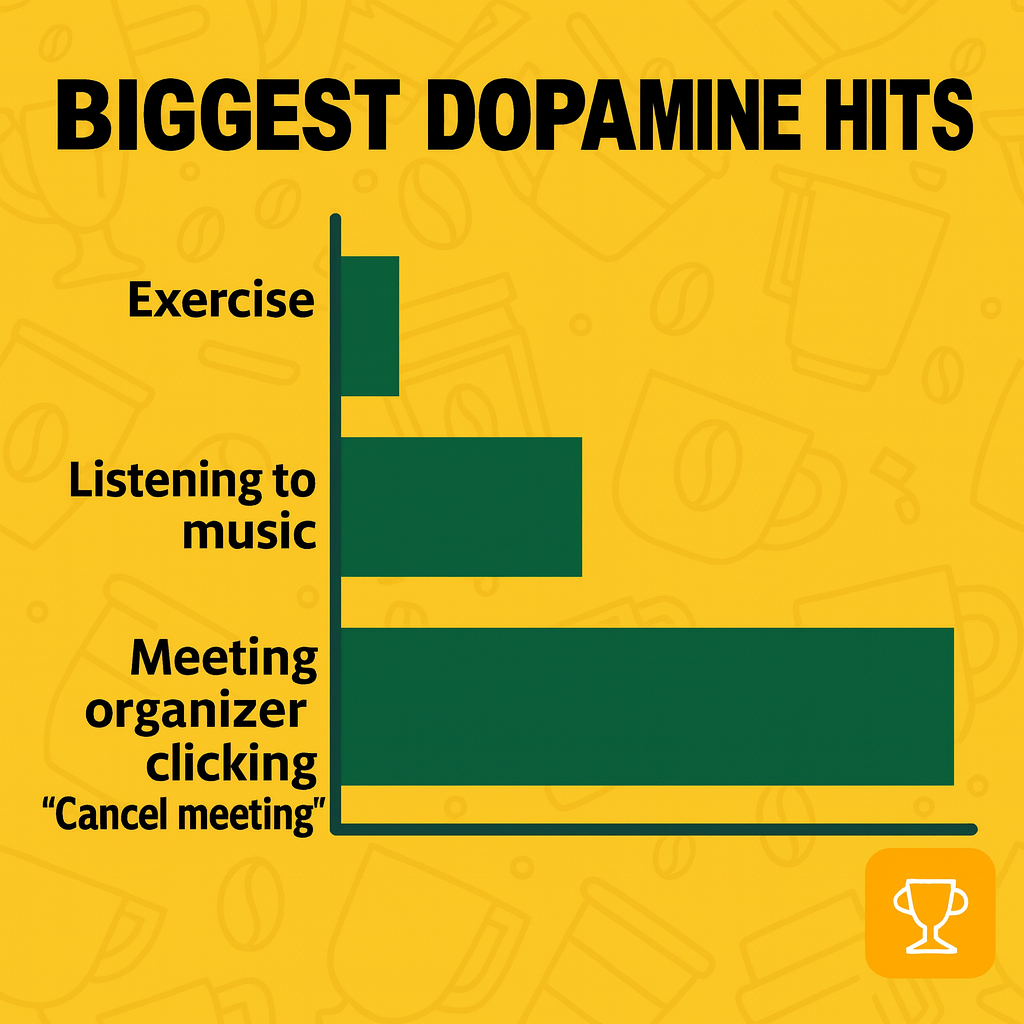 Biggest Dopamine Hits
Exercise
Listening to music
Meeting organizer clicking "Cancel meeting"