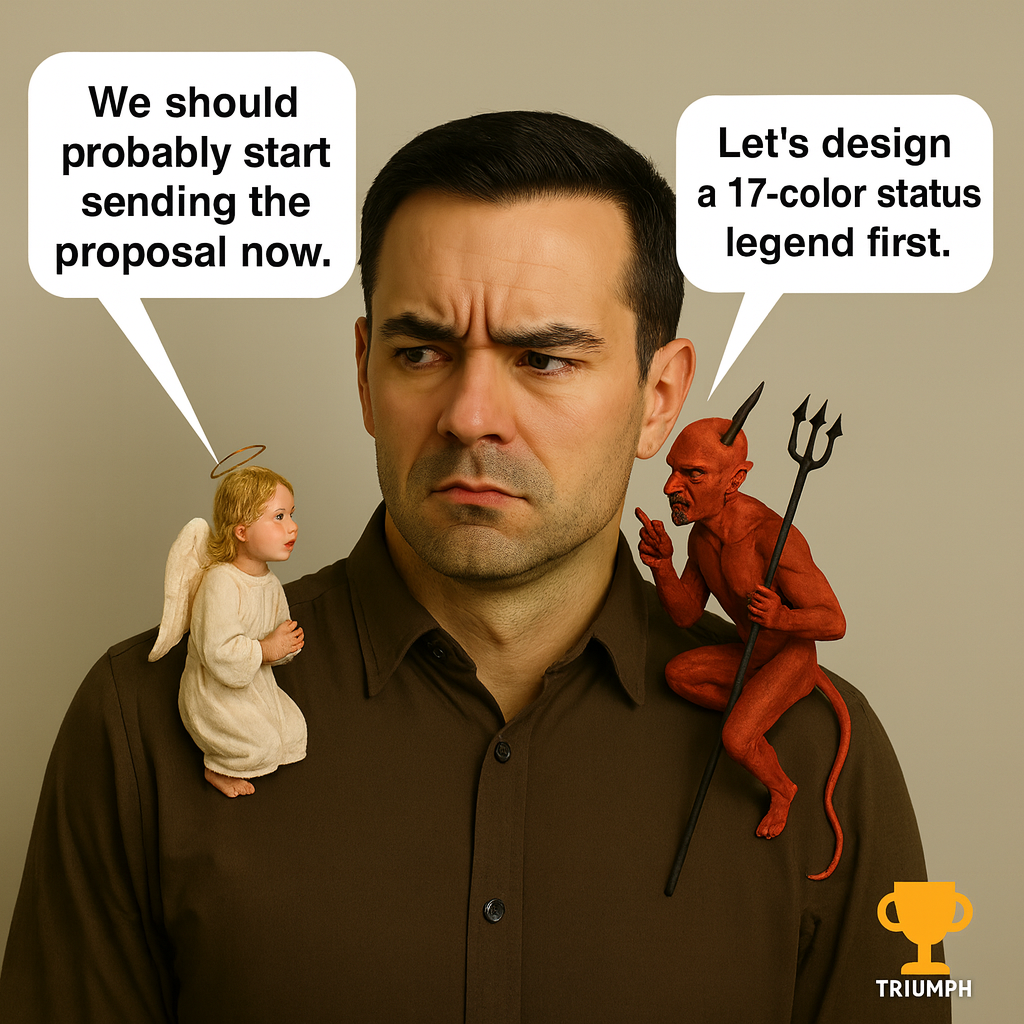 Angel: 'We should probably start sending the proposal now.' Devil: 'Let's design a 17-color status legend first.'