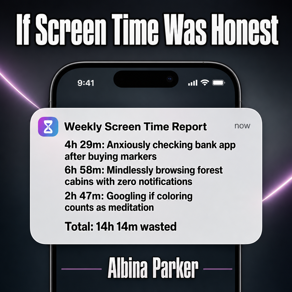 If Screen Time Was Honest
Weekly Screen Time Report
4h 29m: Anxiously checking bank app after buying markers
6h 58m: Mindlessly browsing forest cabins with zero notifications
2h 47m: Googling if coloring counts as meditation
Total: 14h 14m wasted