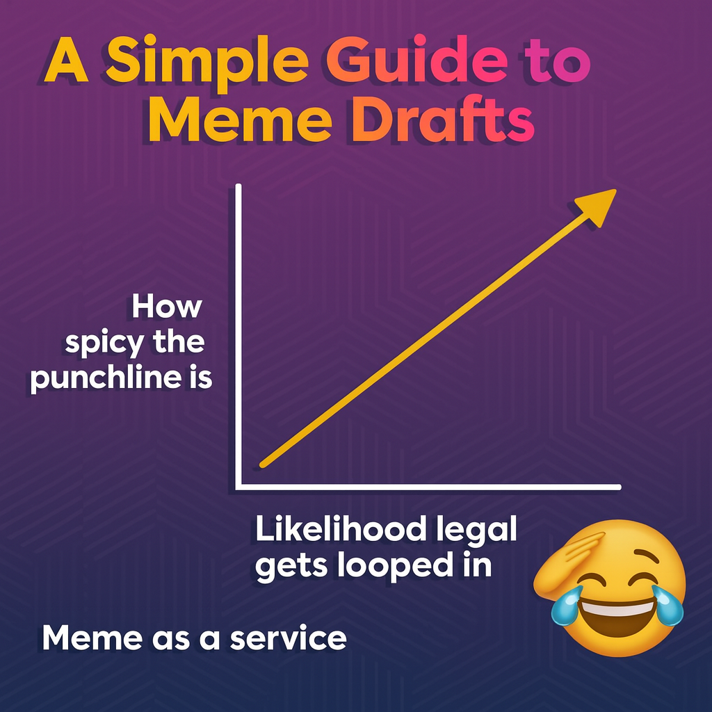 A Simple Guide to Sending meme drafts - How spicy the punchline is (Y-axis) vs Likelihood legal gets looped in (X-axis) with an upward trending line
