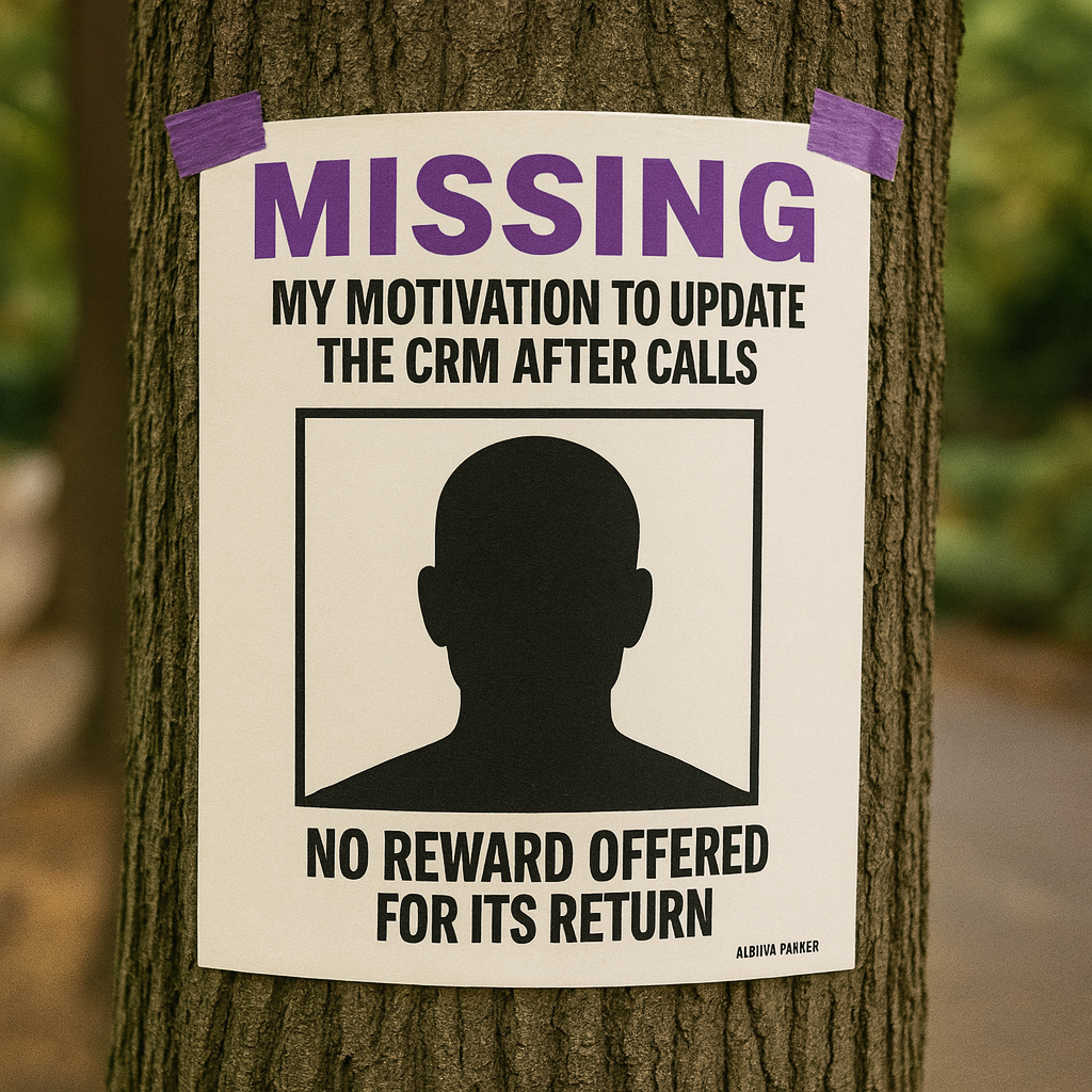 MISSING: My motivation to update the CRM after calls.

[PICTURE OF BLANK FACE OUTLINE SILHOUETTE]

No reward offered for its return.
