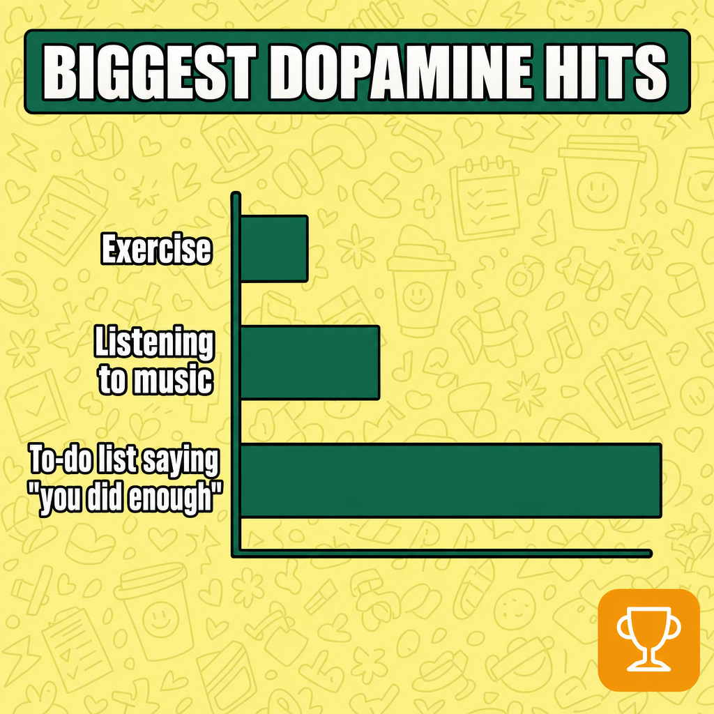 Biggest Dopamine Hits
Exercise
Listening to music
To-do list saying "you did enough"