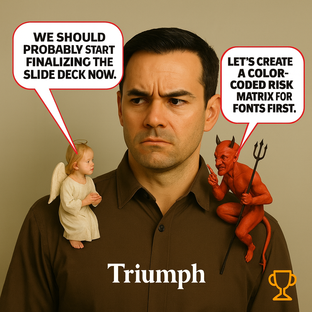 Angel: 'We should probably start finalizing the slide deck now.' Devil: 'Let's create a color-coded risk matrix for fonts first.'