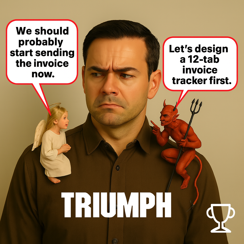 Angel: 'We should probably start sending the invoice now.' Devil: 'Let's design a 12-tab invoice tracker first.'