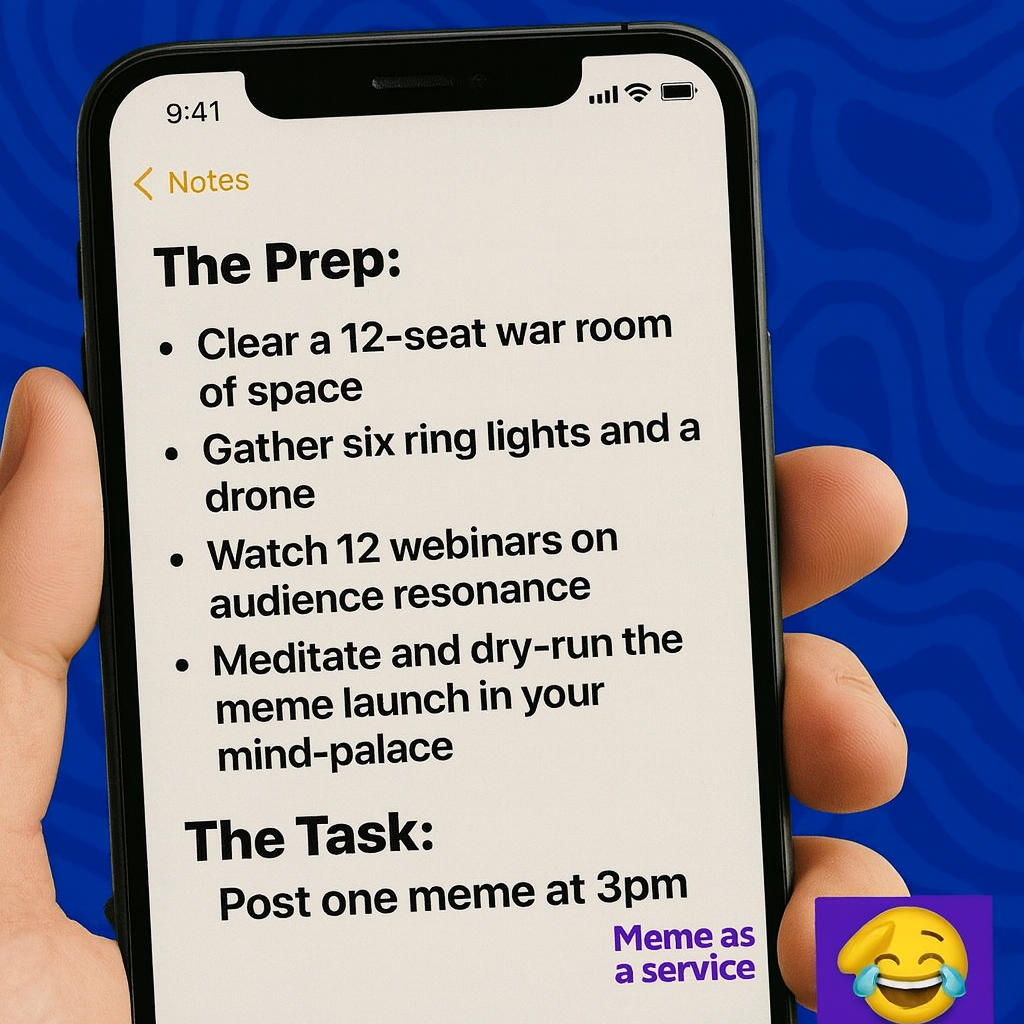 The Prep:
Clear a 12-seat war room of space
Gather six ring lights and a drone
Watch 12 webinars on audience resonance
Meditate and dry-run the meme launch in your mind-palace

The Task:
"Post one meme at 3pm"