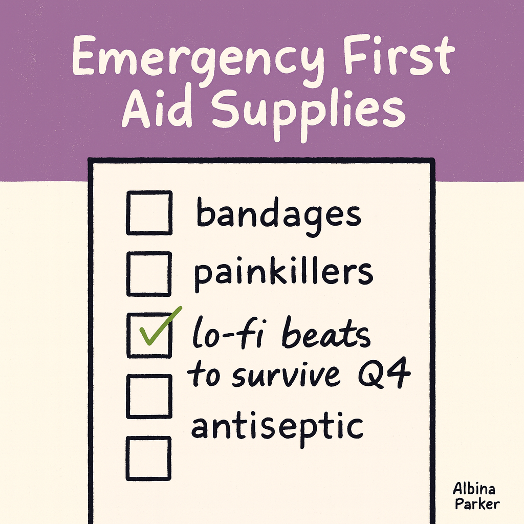 Emergency First Aid Supplies
[ ] bandages
[ ] painkillers
☑ lo-fi beats to survive Q4
[ ] antiseptic