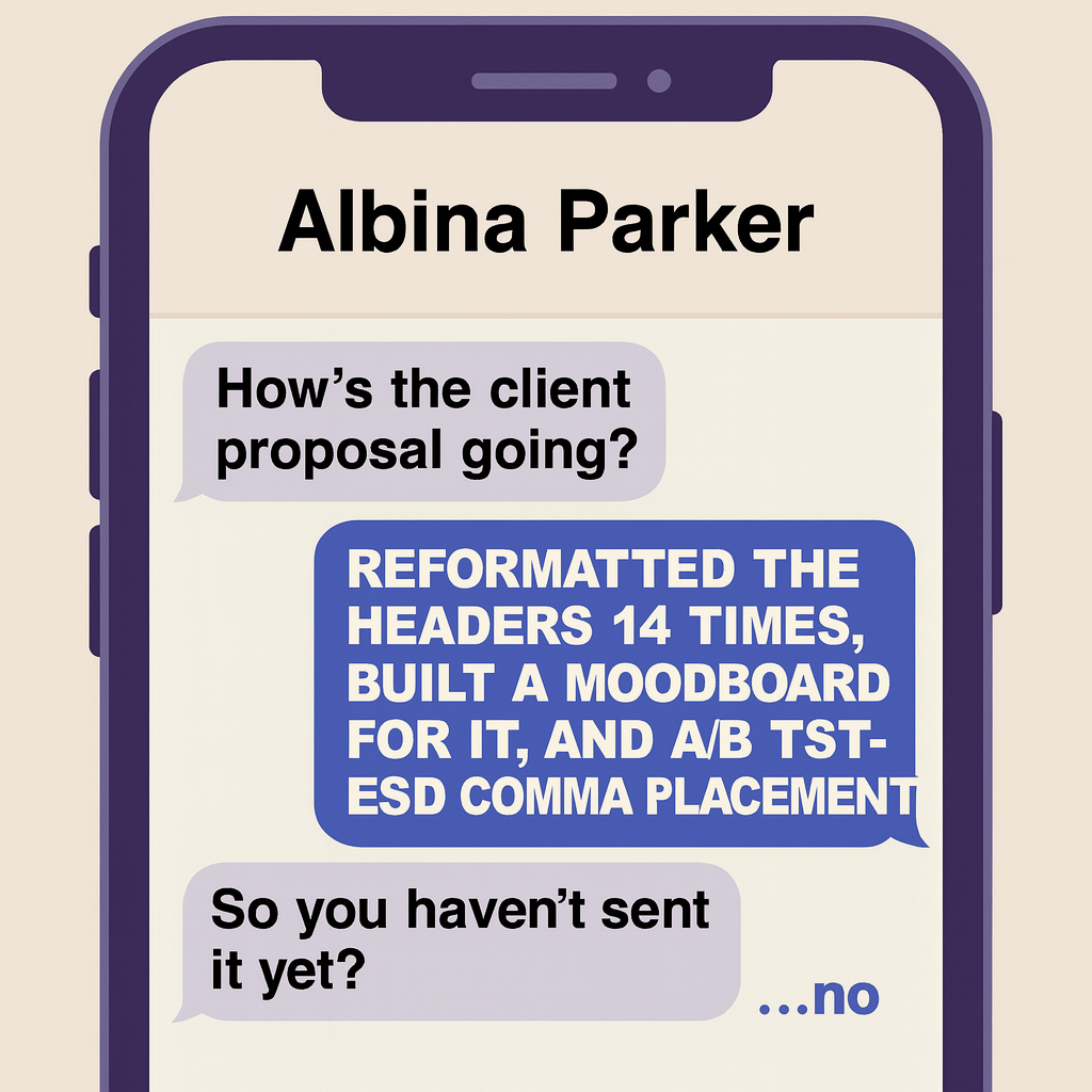[Contact name]: How's the client proposal going?

Me: reformatted the headers 14 times, built a mood board for it, and A/B tested comma placement

[Contact name]: So you haven't [X action] yet?

Me: ...no