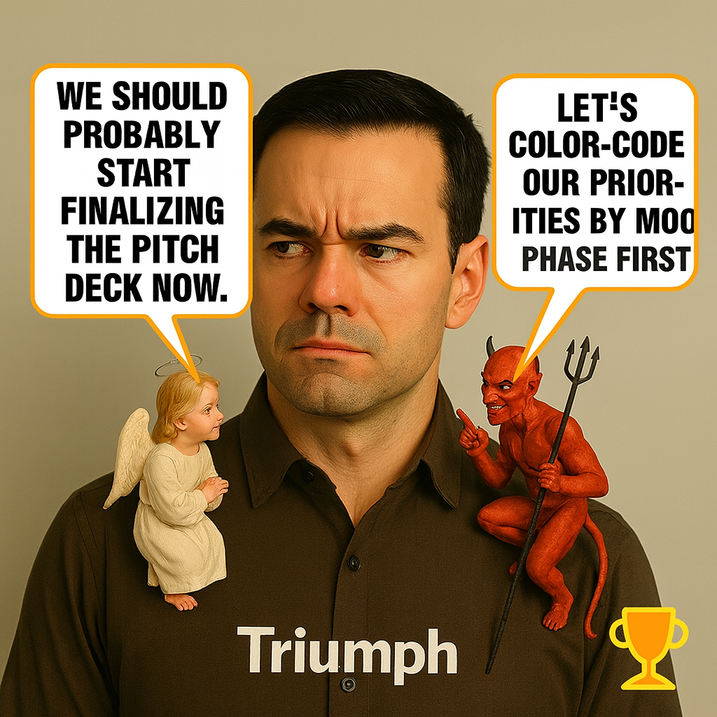 Angel: 'We should probably start finalizing the pitch deck now.' Devil: 'Let's color-code our priorities by moon phase first.'