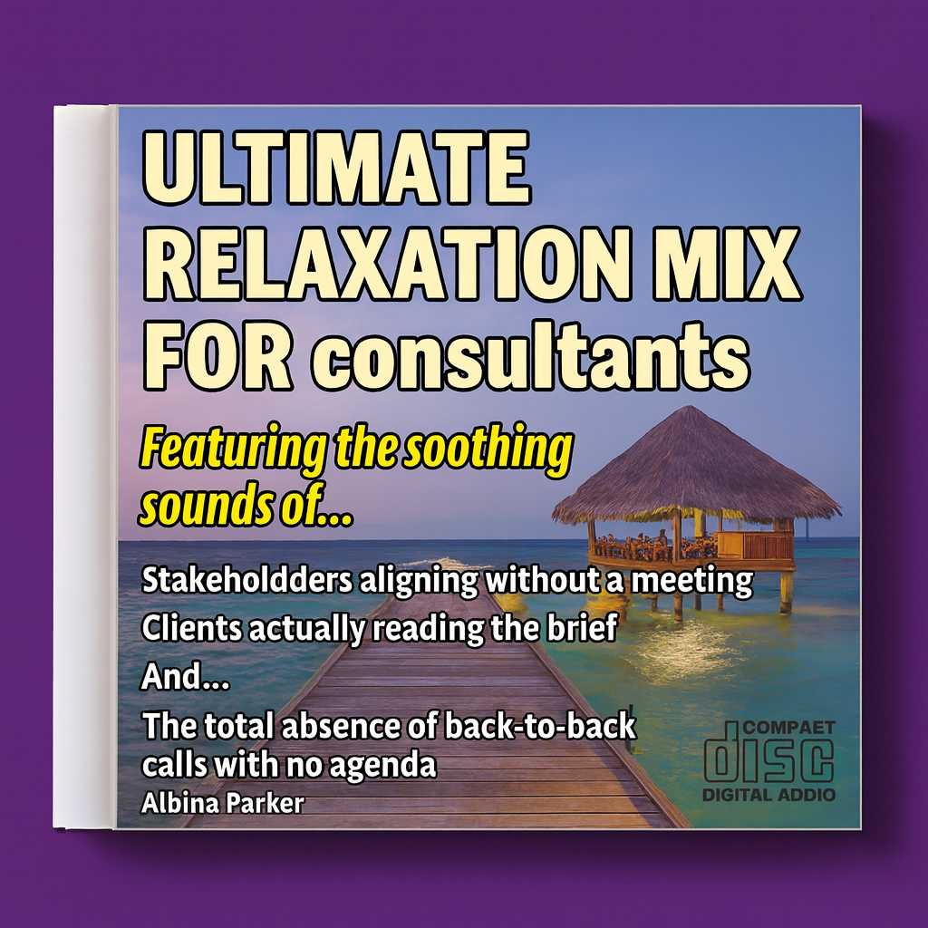 ULTIMATE RELAXATION MIX FOR consultants
Featuring the soothing sounds of...
Stakeholders aligning without a meeting
Clients actually reading the brief
And...
The total absence of back-to-back calls with no agenda
