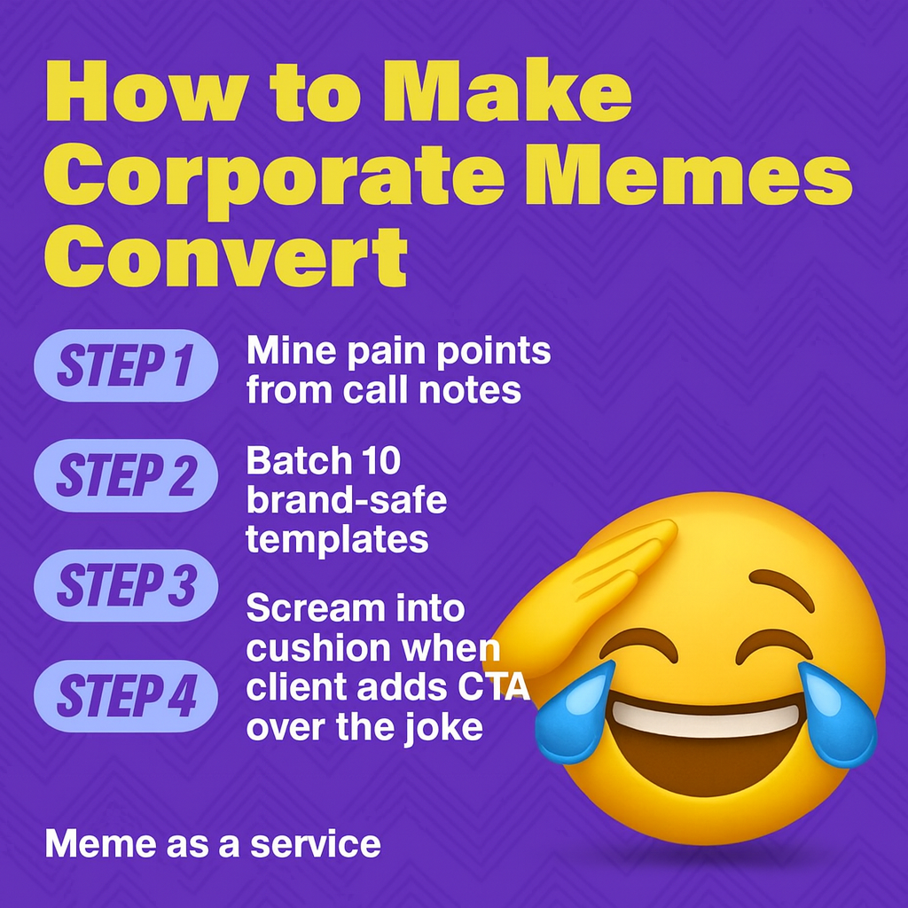 How to Make Corporate Memes Convert
Step 1: Mine pain points from call notes
Step 2: Batch 10 brand-safe templates
Step 3: Scream into cushion when client adds CTA over the joke
Step 4: Go to Step One