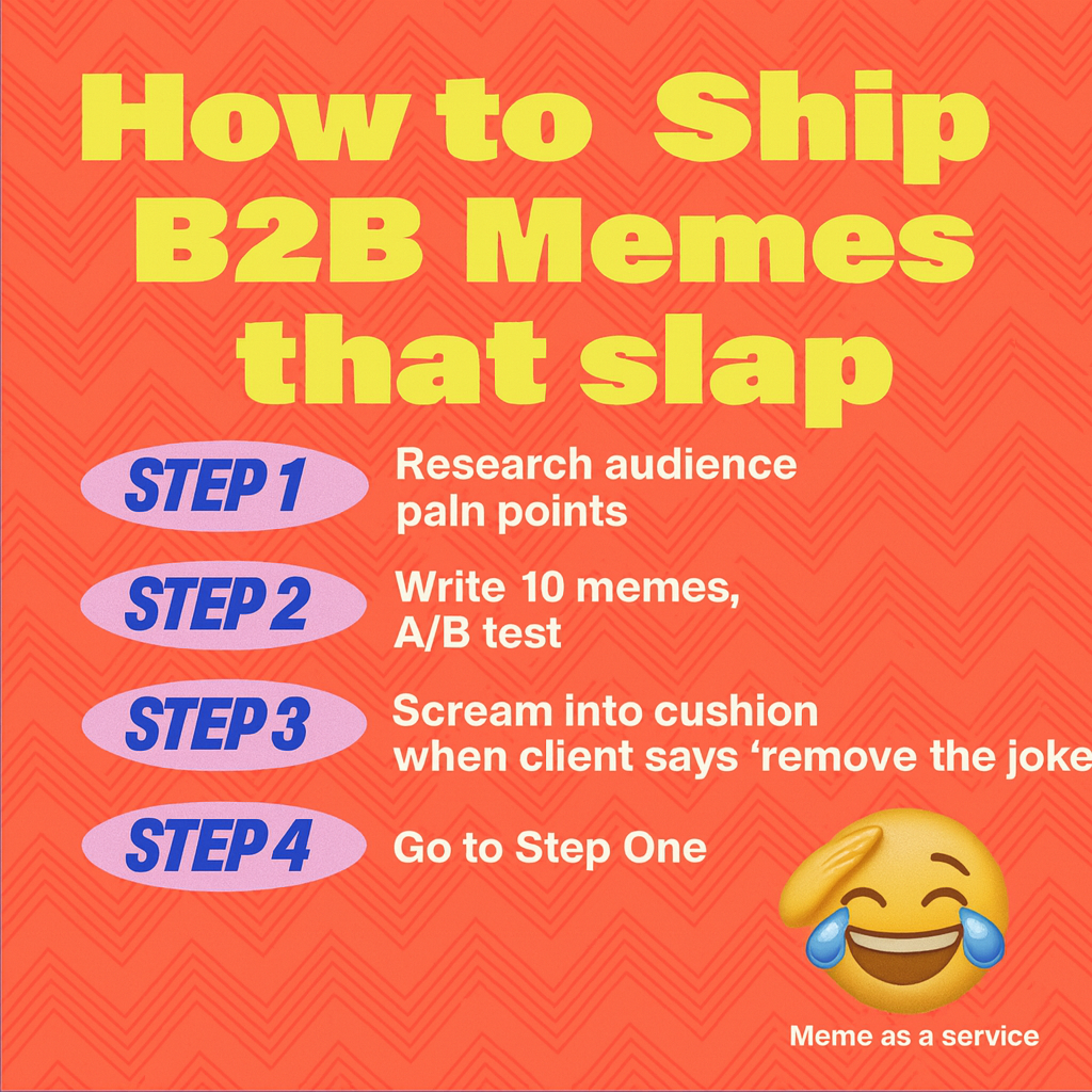 How to Ship B2B memes that slap
Step 1: Research audience pain points
Step 2: Write 10 memes, A/B test
Step 3: Scream into cushion when client says 'remove the joke'
Step 4: Go to Step One