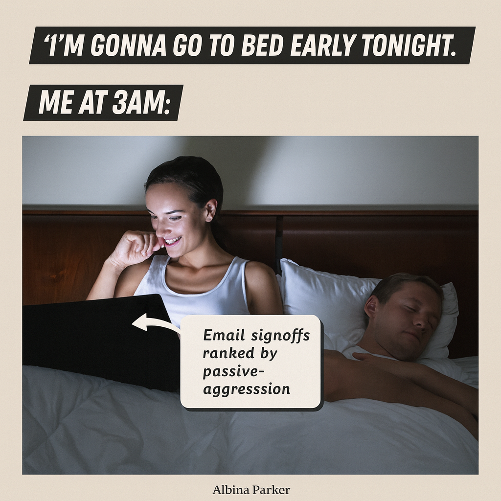 "I'm gonna go to bed early tonight." Me at 3am: Image = using laptop in bed Arrow pointing on laptop = Email sign-offs ranked by passive-aggression