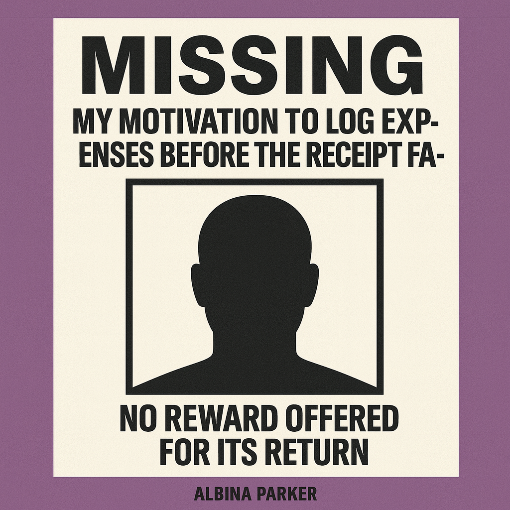 MISSING: My motivation to log expenses before the receipt fades.

[PICTURE OF BLANK FACE OUTLINE SILHOUETTE]

No reward offered for its return.