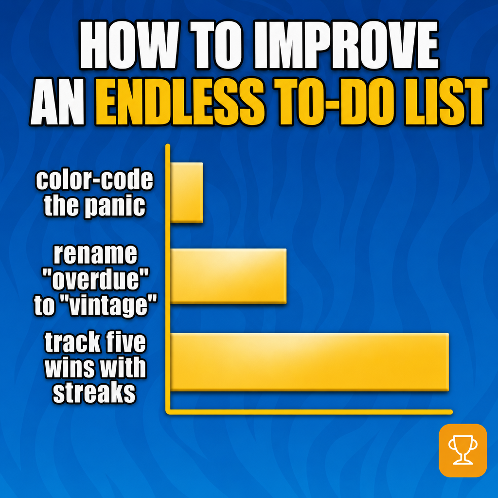 How to improve an endless to-do list

color-code the panic
rename 'overdue' to 'vintage'
track five wins with streaks