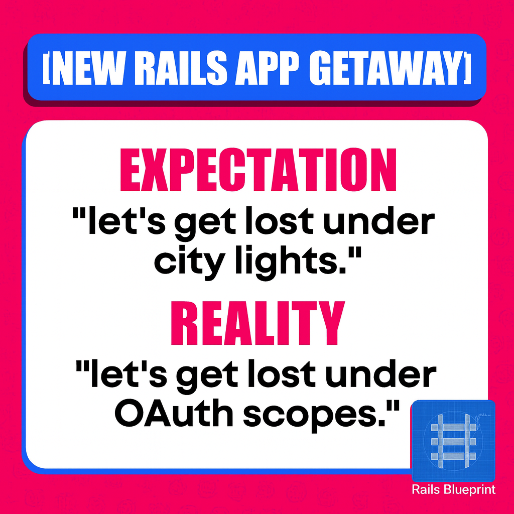 NEW RAILS APP GETAWAY

Expectation
let's get lost under city lights.

Reality
let's get lost under OAuth scopes.