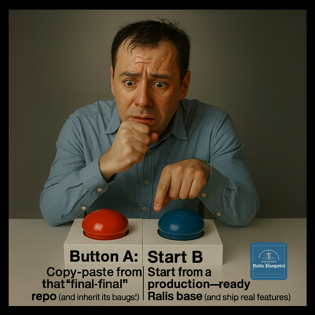 Button A: "Copy-paste from that "final-final" repo (and inherit its haunted bugs)" Button B: "Start from a production-ready Rails base (and ship real features before coffee cools)"