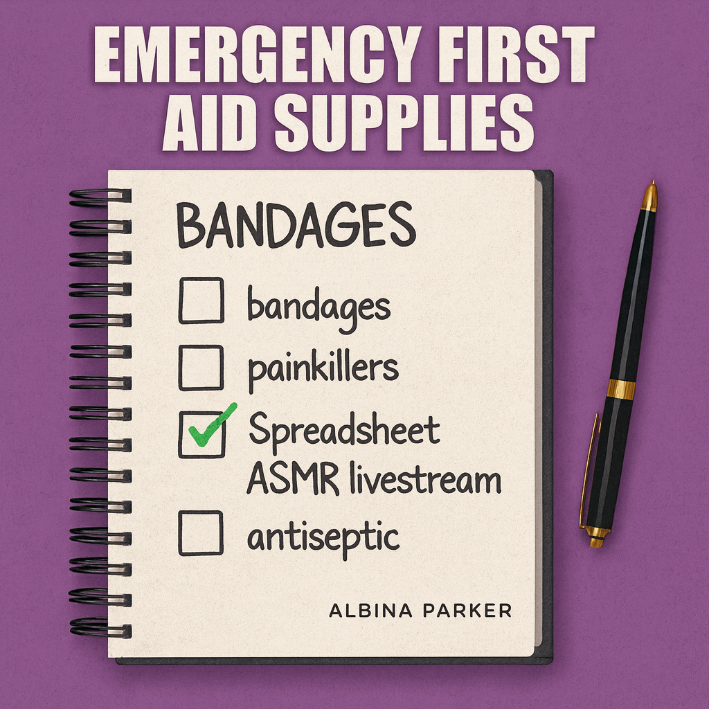 Emergency First Aid Supplies
[ ] bandages
[ ] painkillers
☑ Spreadsheet ASMR livestream
[ ] antiseptic