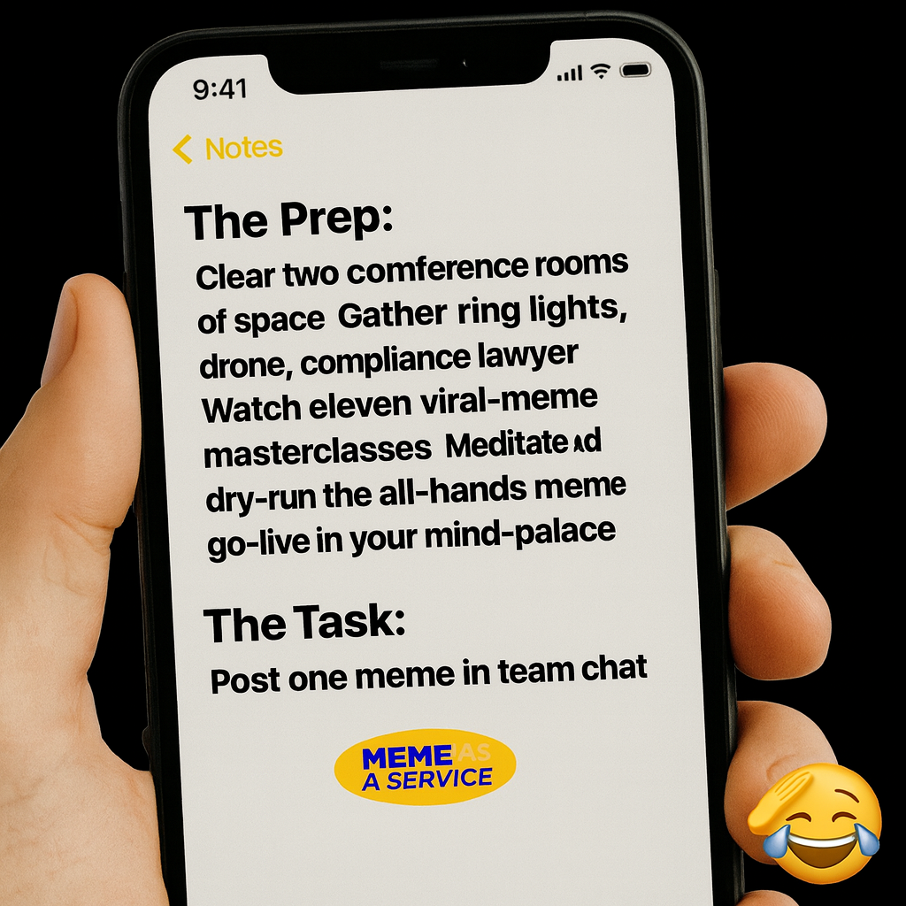 The Prep:
Clear two conference rooms of space
Gather ring lights, drone, compliance lawyer
Watch eleven viral-meme masterclasses
Meditate and dry-run the all-hands meme go-live in your mind-palace

The Task:
"Post one meme in team chat"