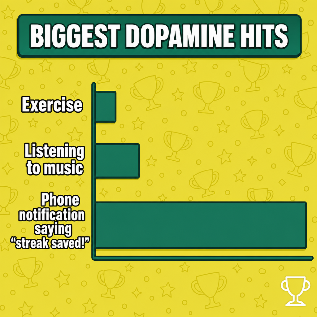 Biggest Dopamine Hits
Exercise
Listening to music
Phone notification saying "streak saved!"