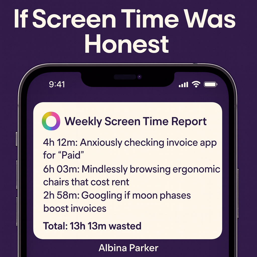 If Screen Time Was Honest
Weekly Screen Time Report
4h 12m: Anxiously checking invoice app for 'Paid'
6h 03m: Mindlessly browsing ergonomic chairs that cost rent
2h 58m: Googling if moon phases boost invoices
Total: 13h 13m wasted