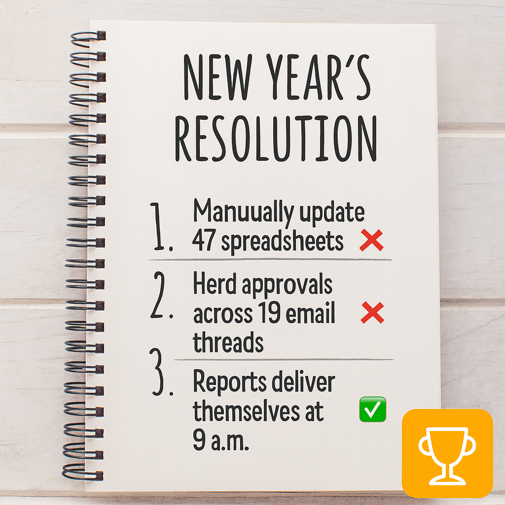New Year's Resolution
1. Manually update 47 spreadsheets hourly ❌
2. Herd approvals across 19 email threads ❌
3. Reports deliver themselves at 9 a.m. ✅