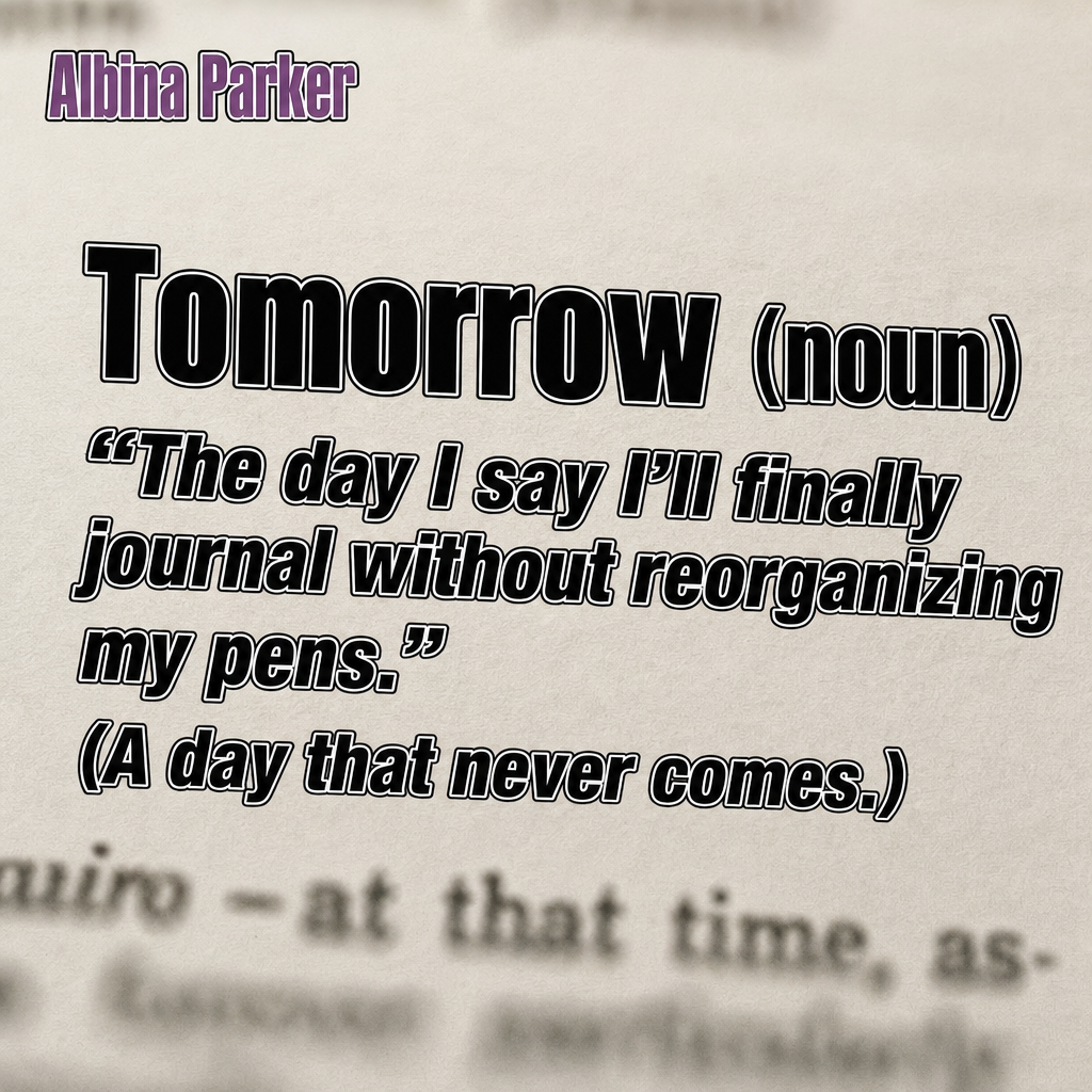 Tomorrow (noun)
"The day I say I'll finally journal without reorganizing my pens."
(A day that never comes.)