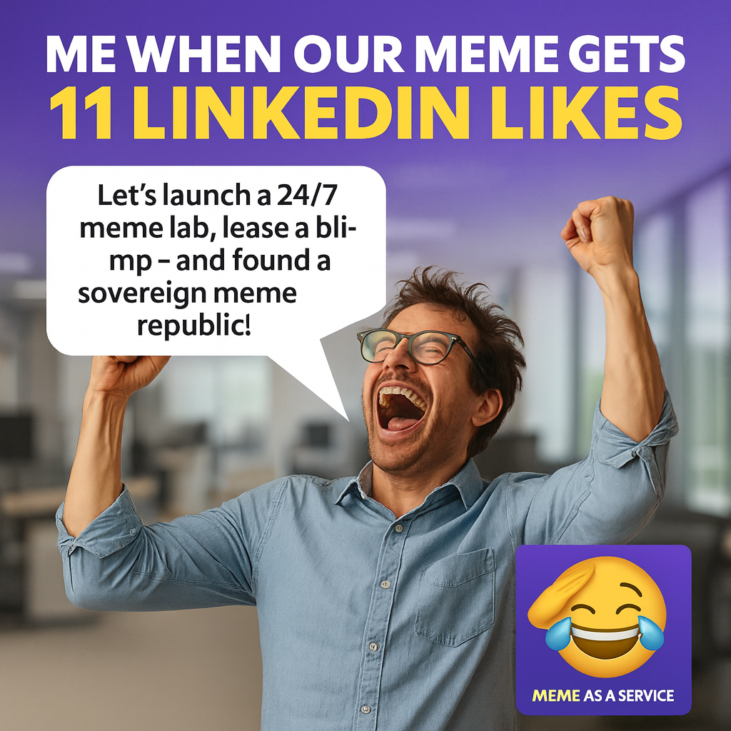 Me when our meme gets 11 LinkedIn likes - "Let's launch a 24/7 meme lab, lease a blimp - and found a sovereign meme republic!"