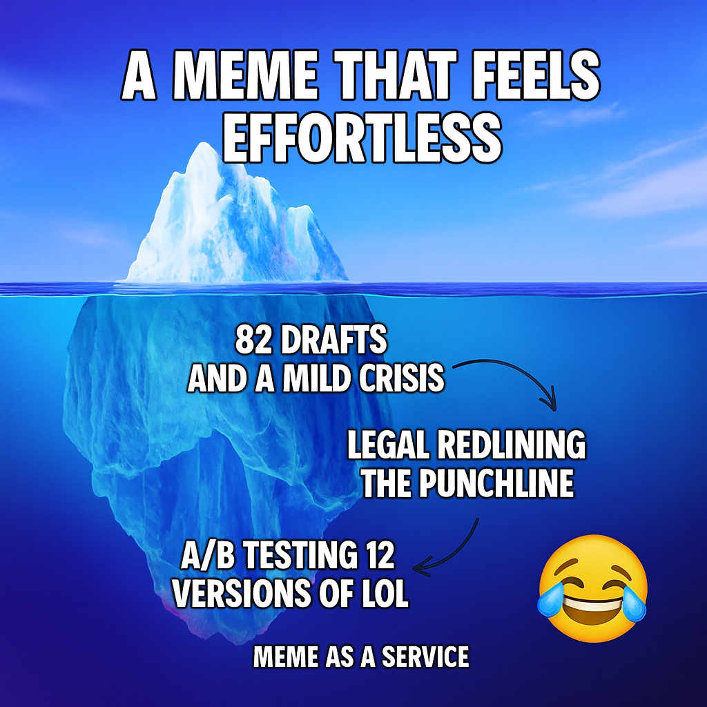 Tip of iceberg: a meme that feels effortless / Underwater: 82 drafts and a mild crisis, legal redlining the punchline, A/B testing 12 versions of lol