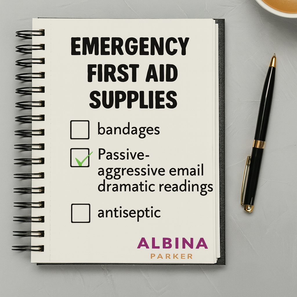 Emergency First Aid Supplies
[ ] bandages
[ ] painkillers
☑ Passive-aggressive email dramatic readings
[ ] antiseptic