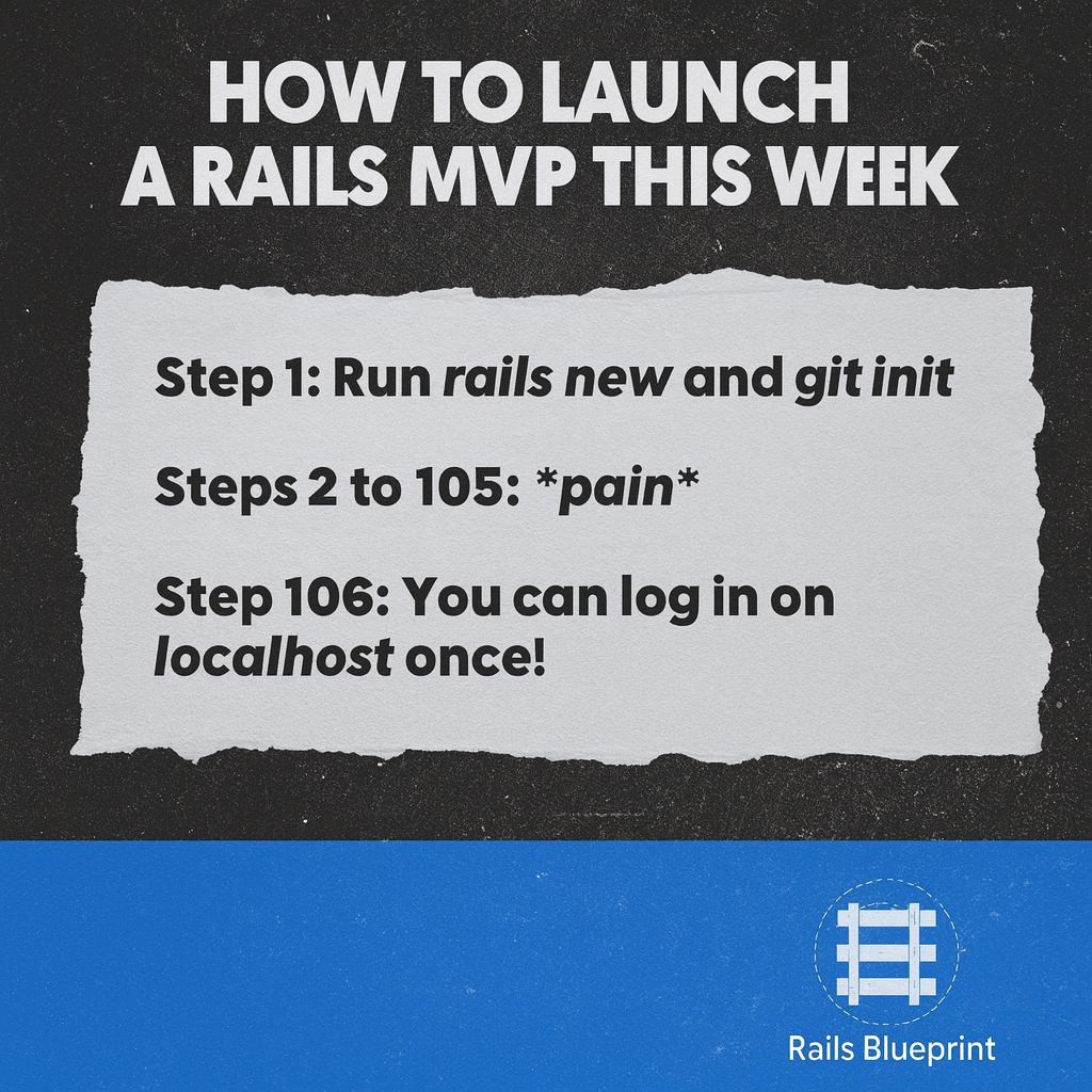 How to LAUNCH A RAILS MVP THIS WEEK

Step 1: Run rails new and git init

Steps 2 to 105: *pain*

Step 106: You can log in on localhost once!