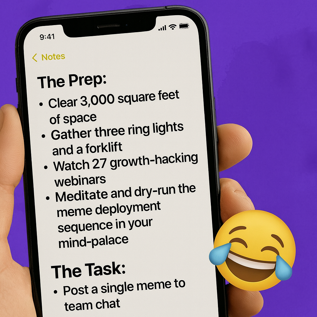 The Prep:
Clear 3,000 square feet of space
Gather three ring lights and a forklift
Watch 27 growth-hacking webinars
Meditate and dry-run the meme deployment sequence in your mind-palace

The Task:
"Post a single meme to team chat"