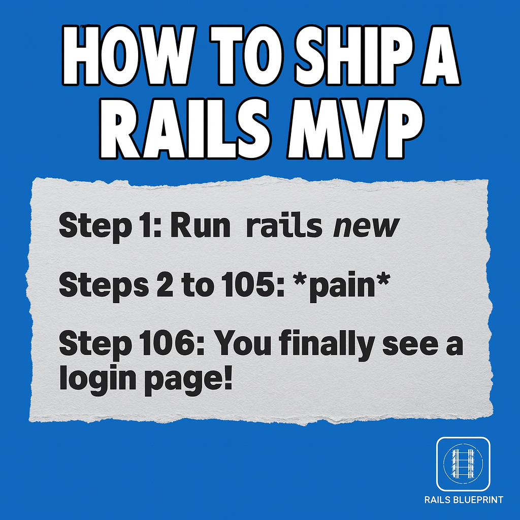 How to SHIP A RAILS MVP

Step 1: Run rails new

Steps 2 to 105: *pain*

Step 106: You finally see a login page!