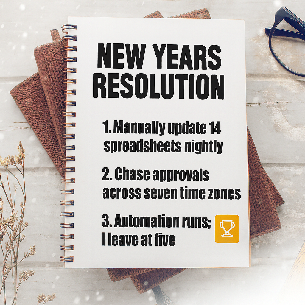 New Year's Resolution
1. Manually update 14 spreadsheets nightly ❌
2. Chase approvals across seven time zones ❌
3. Automation runs; I leave at five ✅