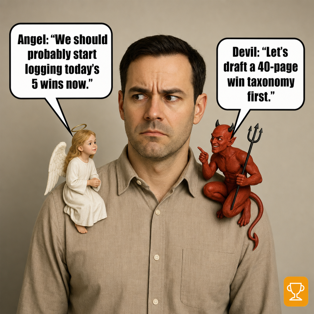 Angel: 'We should probably start logging today's 5 wins now.' Devil: 'Let's draft a 40-page win taxonomy first.'