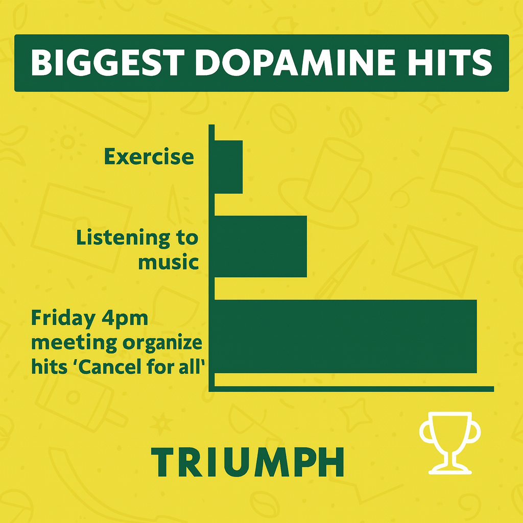 Biggest Dopamine Hits
Exercise
Listening to music
Friday 4pm meeting organizer hits "Cancel for all"