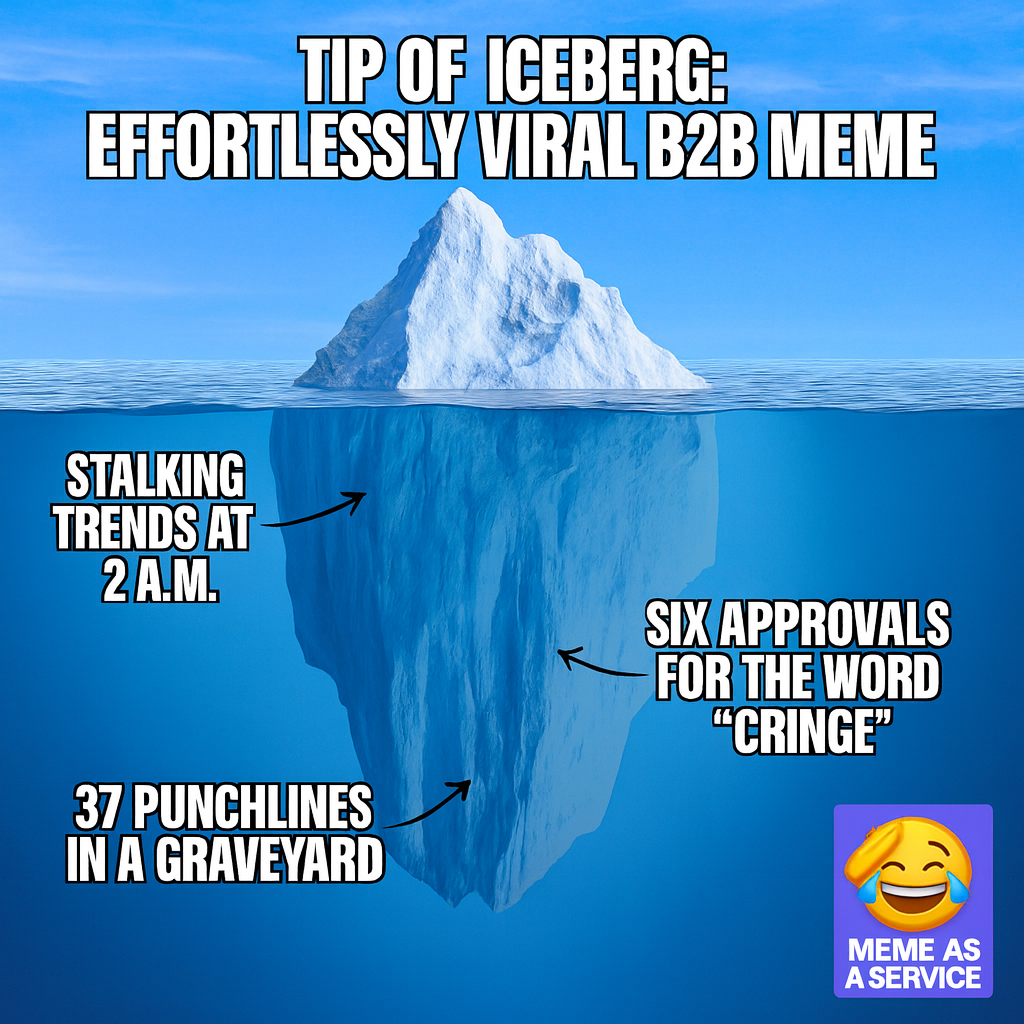 Tip of iceberg: effortlessly viral B2B meme / Underwater: stalking trends at 2 a.m., 37 punchlines in a graveyard, six approvals for the word 'cringe'