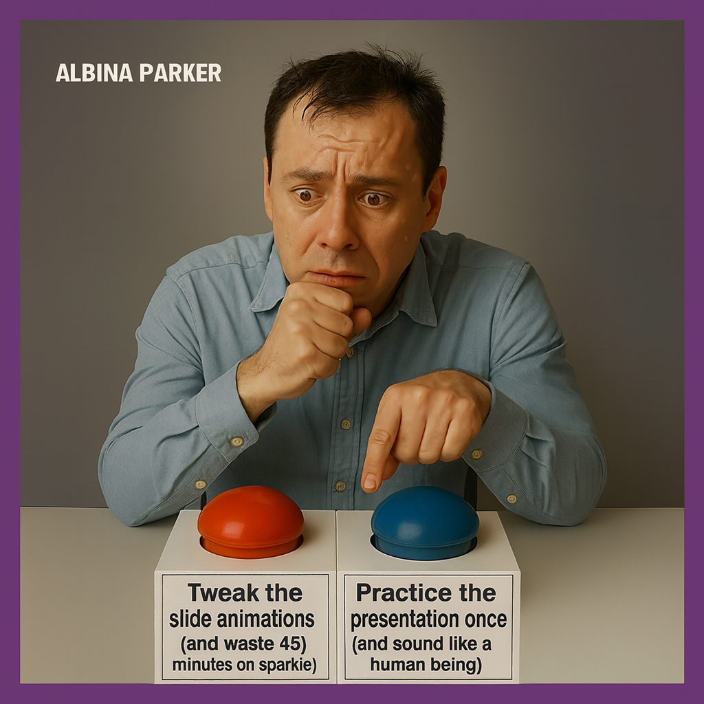 Button A: "Tweak the slide animations (and waste 45 minutes on sparkle)" Button B: "Practice the presentation once (and sound like a human being)"