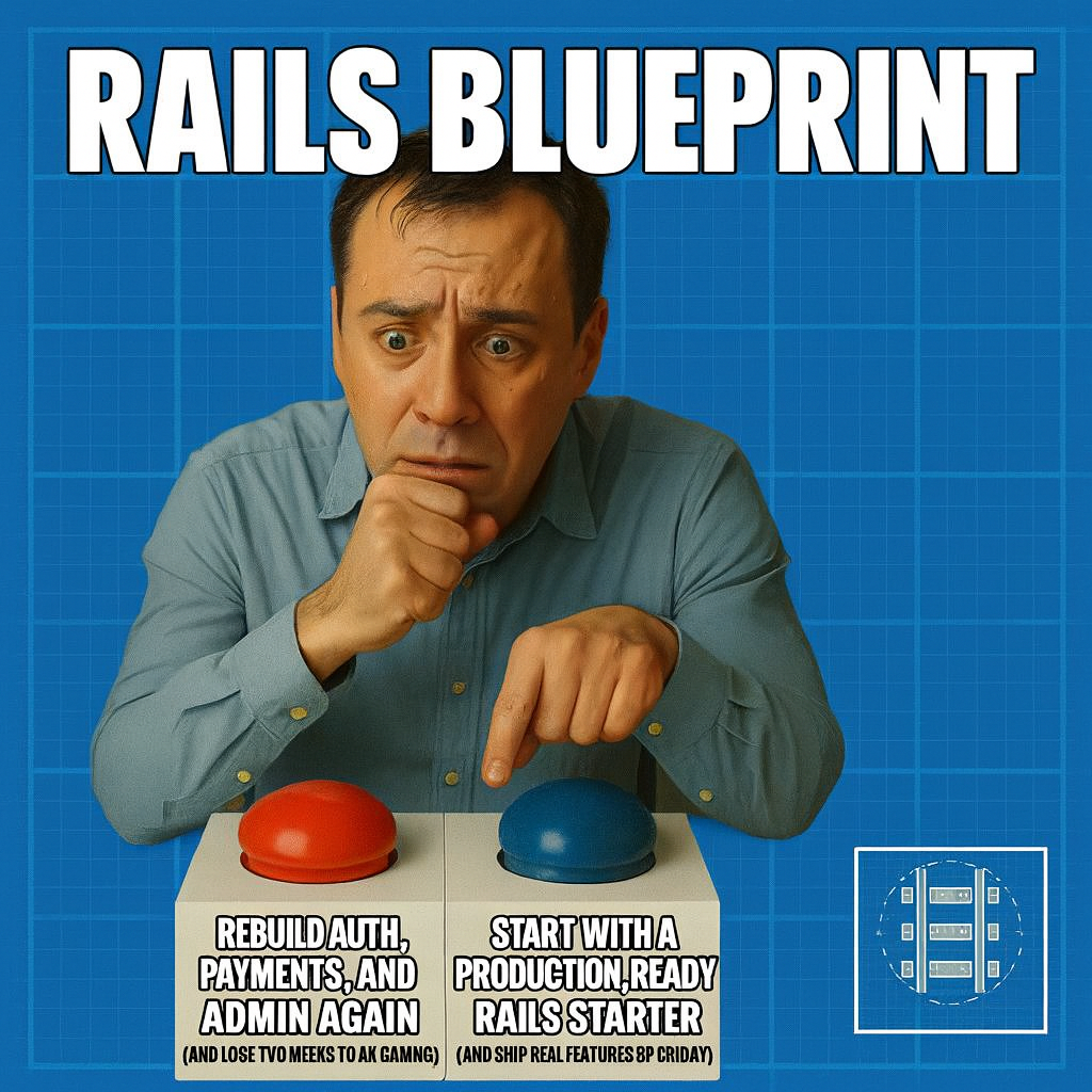 Button A: "Rebuild auth, payments, and admin again (and lose two weeks to yak-shaving)" Button B: "Start with a production-ready Rails starter (and ship real features by Friday)"