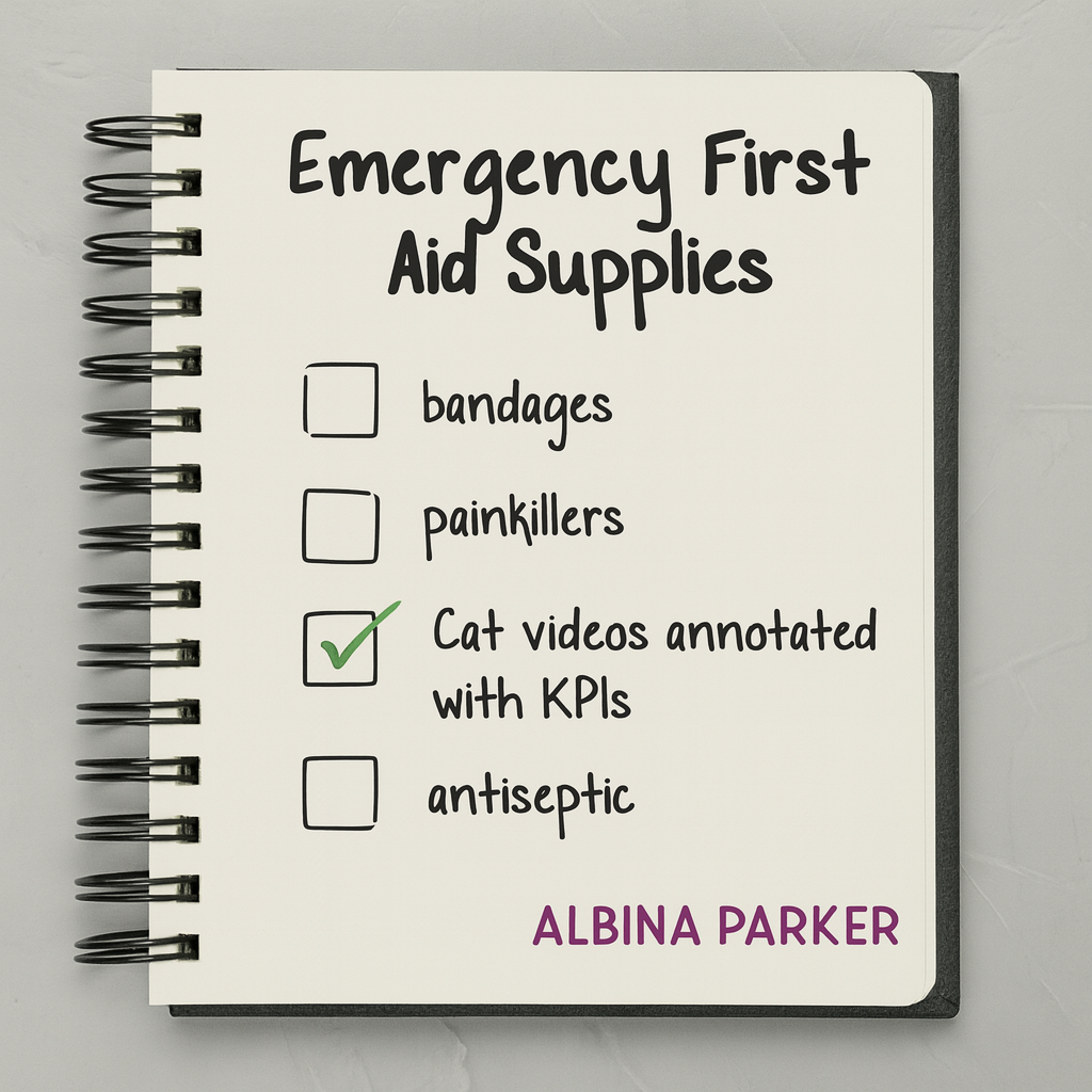 Emergency First Aid Supplies
[ ] bandages
[ ] painkillers
☑ Cat videos annotated with KPIs
[ ] antiseptic