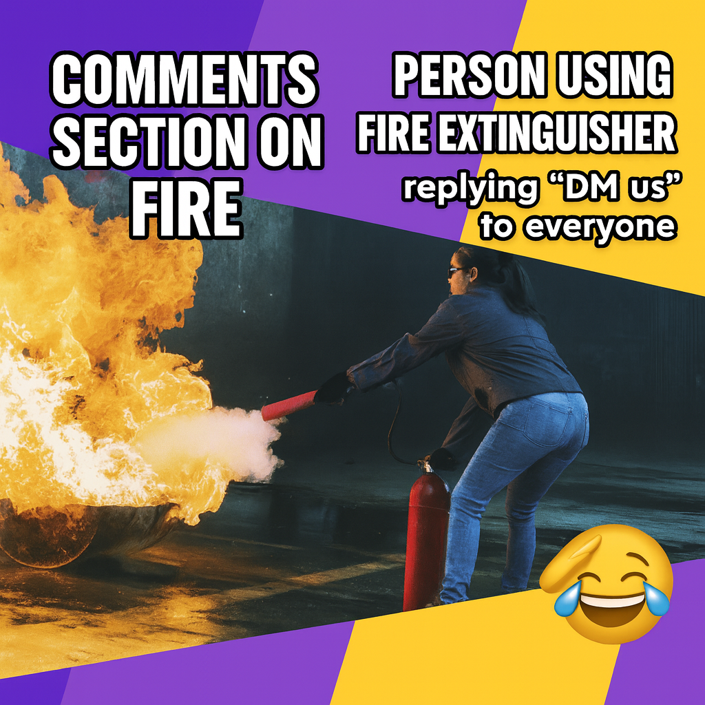 COMMENTS SECTION ON FIRE IMAGE: PERSON USING FIRE EXTINGUISHER replying 'DM us' to everyone