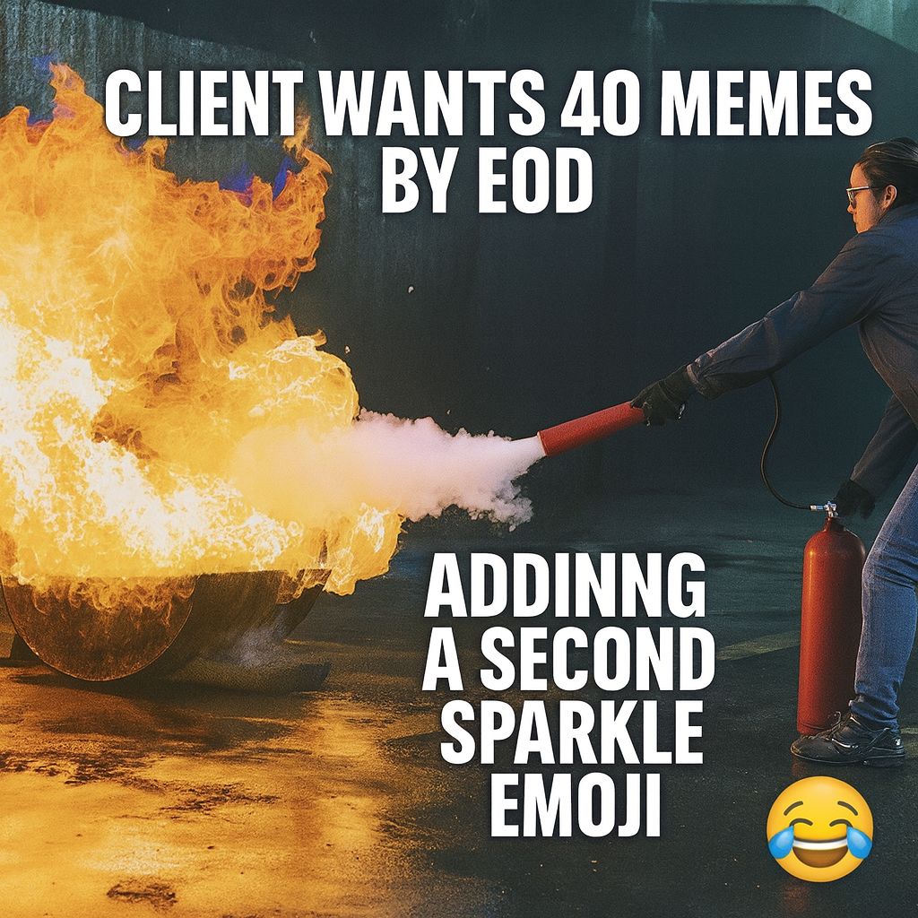 CLIENT WANTS 40 MEMES BY EOD IMAGE: PERSON USING FIRE EXTINGUISHER ADDING A SECOND SPARKLE EMOJI
