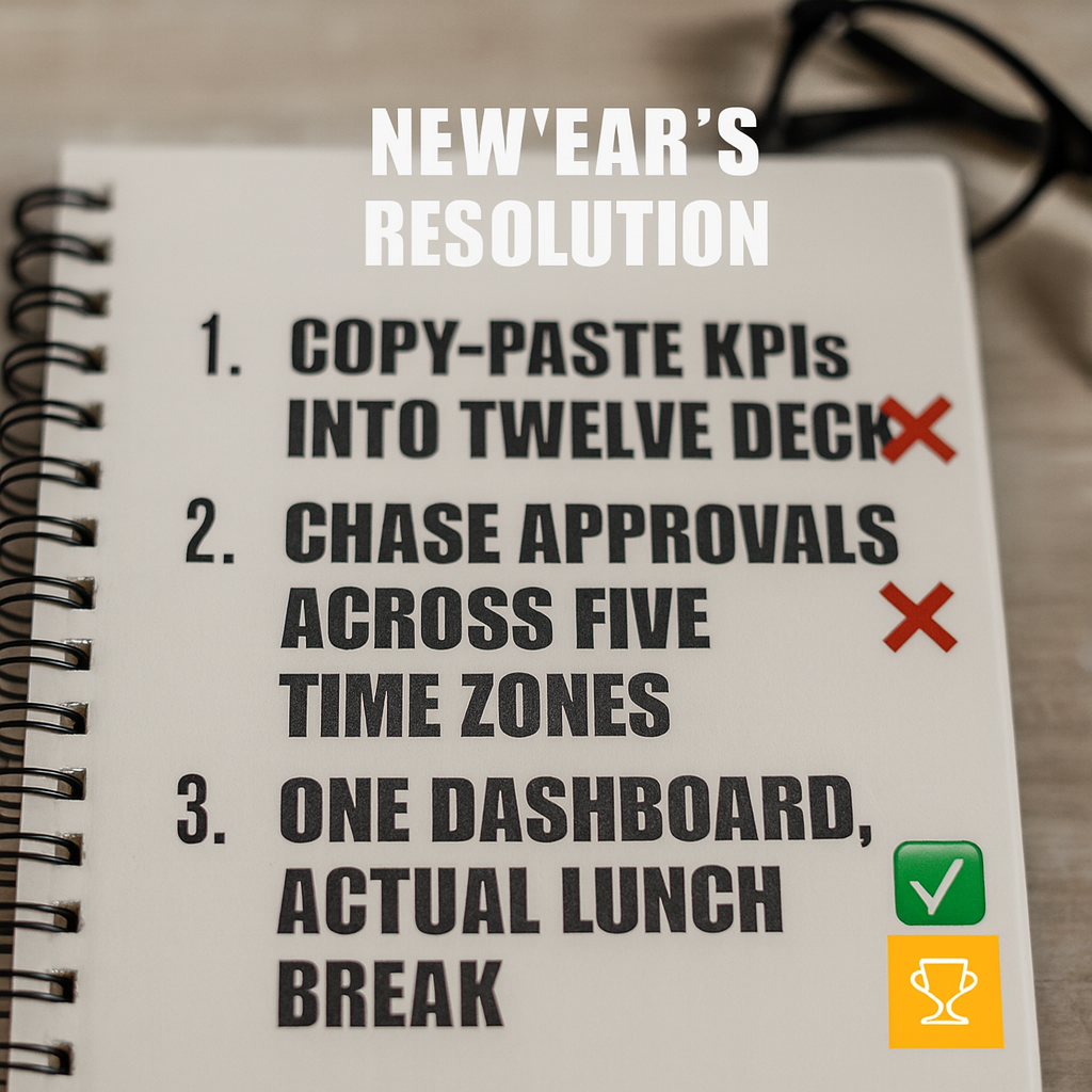 New Year's Resolution
1. Copy-paste KPIs into twelve decks ❌
2. Chase approvals across five time zones ❌
3. One dashboard, actual lunch break ✅