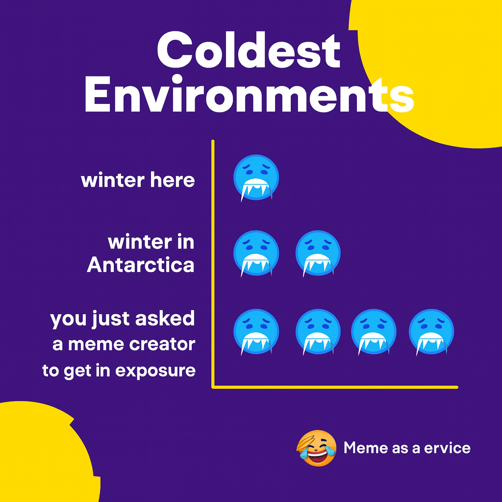 Coldest Environments
winter here
winter in Antarctica
you just asked a meme creator to get paid in exposure