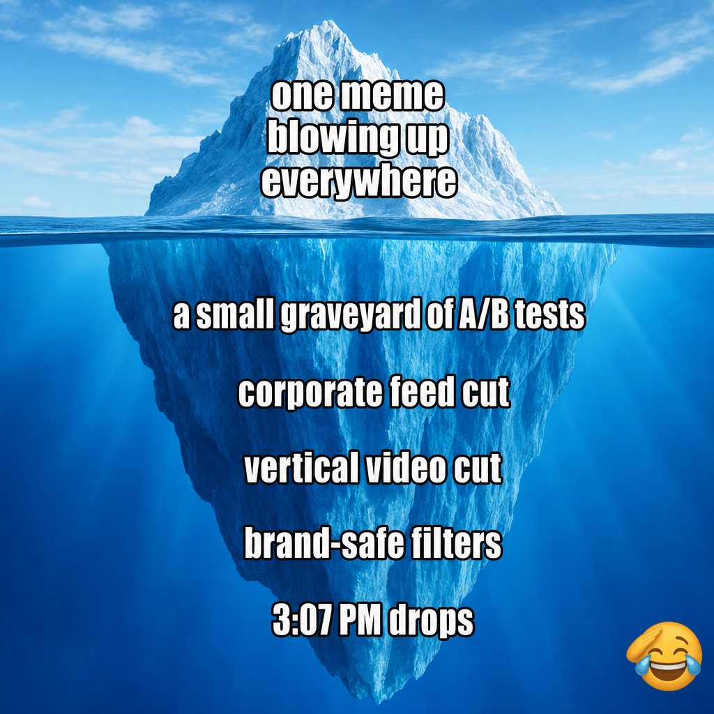 Tip of iceberg: one meme blowing up everywhere / Underwater: a small graveyard of A/B tests, corporate feed cut, vertical video cut, brand-safe filters + 3:07 PM drops