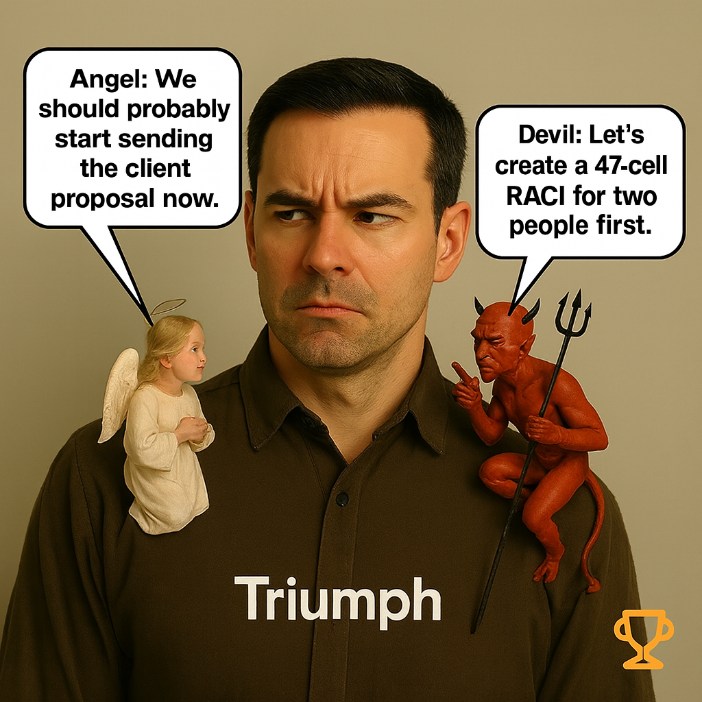 Angel: 'We should probably start sending the client proposal now.' Devil: 'Let's create a 47-cell RACI for two people first.'