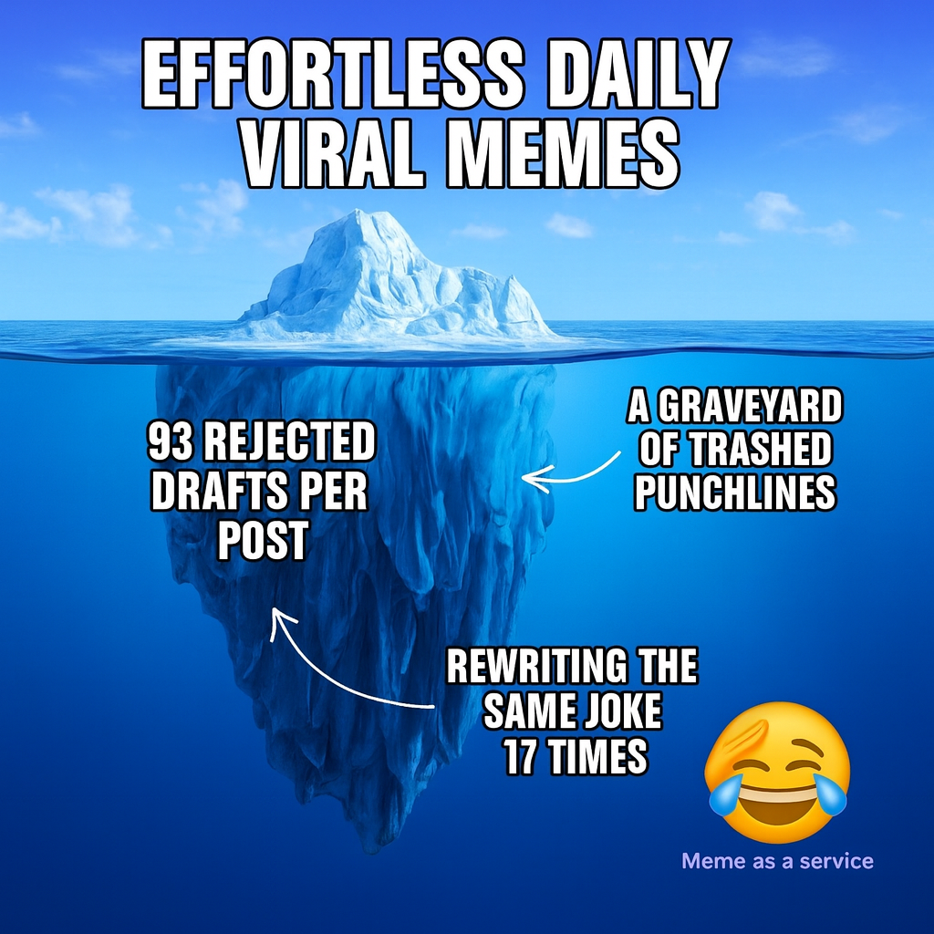 Tip of iceberg: effortless daily viral memes / Underwater: 93 rejected drafts per post, a graveyard of trashed punchlines, rewriting the same joke 17 times